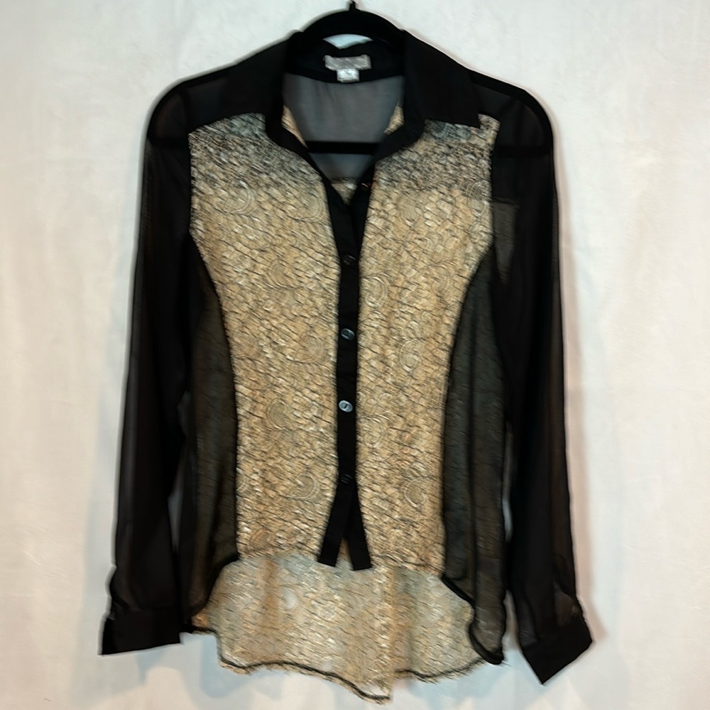 ISSA Women's High Low Lace Detail Button Down Sheer long sleeve blouse sz Medium